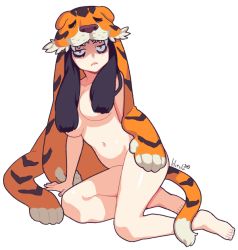 Rule 34 | 1girl, bags under eyes, black hair, constricted pupils, hair censor, hair over shoulder, indivisible, jitome, lilirulu, long hair, low twintails, navel, nude, pelt, razmi (indivisible), red eyes, sitting, solo, pelt, toes, twintails, yokozuwari