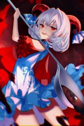 Rule 34 | 1girl, blue dress, commentary request, dress, highres, horn ornament, horn ribbon, horns, open mouth, oversized object, petroleum, pointy ears, red eyes, red horns, red sleeves, ribbon, sakizaki saki-p, sharp teeth, sheep horns, spoon, teeth, touhou, toutetsu yuuma, upper body, white hair
