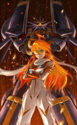 Rule 34 | + +, 00s, 1girl, ahoge, android, buster machine 7, cross-shaped pupils, crossed arms, glowing, glowing eyes, glowing hair, gunbuster, gunbuster pose, highres, long hair, looking at viewer, mecha, morimoka, nono (top wo nerae 2!), orange hair, robot, scarf, science fiction, smile, spikes, spoilers, super robot, symbol-shaped pupils, top wo nerae!, top wo nerae 2!