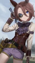 Rule 34 | 1girl, animal ears, arm at side, belt, blue eyes, blurry, blurry background, bow, bowtie, brooch, brown gloves, brown hair, closed mouth, corset, cowboy shot, ear covers, fingerless gloves, flat chest, gloves, had (had314), hair between eyes, hand up, highres, holding, holding wrench, horse ears, jewelry, long sleeves, monocle, narita taishin (difference engineer) (umamusume), narita taishin (umamusume), pouch, purple shorts, shirt, short hair, short shorts, shorts, solo, standing, tool belt, umamusume, white shirt, wrench