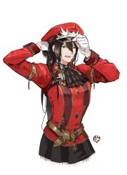 Rule 34 | 1boy, adjusting clothes, adjusting headwear, ascot, black hair, blouse, fate/grand order, fate (series), gloves, guttia, hair between eyes, hat, long hair, male focus, military, military hat, military uniform, one eye closed, ponytail, red hat, red shirt, shirt, simple background, solo, standing, uniform, upper body, white background, white gloves, yan qing (fate)