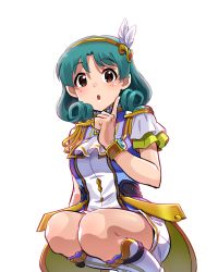 Rule 34 | 1girl, :o, asymmetrical sleeves, blouse, boots, bracelet, brown eyes, coattails, commentary, crouching, curly hair, feather hair ornament, feathers, frilled sleeves, frills, green hair, hair ornament, hairband, idol, idolmaster, idolmaster million live!, index finger raised, jewelry, kamille (vcx68), knee boots, looking at viewer, lumiere papillon (idolmaster), open mouth, shirt, short sleeves, shorts, simple background, solo, squatting, tokugawa matsuri, white background, white footwear, white shirt, white shorts, yellow hairband