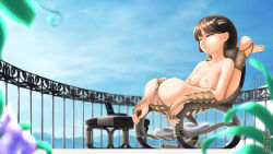 Rule 34 | 1girl, bdsm, blurry, blurry background, blurry foreground, breasts, brown hair, cellphone, chair, closed eyes, cloud, cloudy sky, commentary request, contortion, depth of field, fence, flexible, flip phone, forniphilia, highres, human furniture, immobilization, masafumi, medium breasts, nipples, nude, original, outdoors, parted lips, phone, short hair, sky, solo
