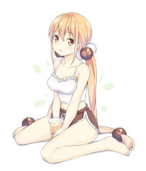 Rule 34 | 1girl, bare arms, bare shoulders, barefoot, blonde hair, blush, breasts, brown eyes, brown shorts, bubble tea, camisole, chinese commentary, collarbone, commentary request, cup, disposable cup, full body, hair between eyes, hair bobbles, hair ornament, hatsunatsu, long hair, looking at viewer, low twintails, medium breasts, midriff, navel, parted lips, shadow, short shorts, shorts, sidelocks, simple background, sitting, solo, twintails, very long hair, wariza, white background, white camisole, xiaoyuan (you can eat the girl), you can eat the girl