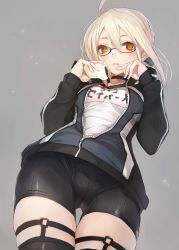 Rule 34 | 1girl, ahoge, artoria pendragon (all), artoria pendragon (fate), baozi, bike shorts, black neckwear, blonde hair, blush, cameltoe, choker, fate/grand order, fate (series), food, from below, glasses, gym shirt, highres, legwear garter, looking at viewer, looking down, md5 mismatch, mysterious heroine x alter (fate), mysterious heroine x alter (second ascension) (fate), name tag, parted lips, saber (fate), saber alter, semi-rimless eyewear, shirt, sketch, solo, taishi (picchiridou), thigh gap, thigh strap, thighhighs, thighs, yellow eyes
