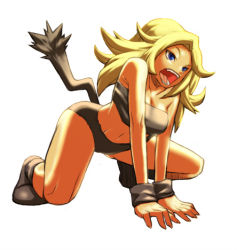 Rule 34 | 1990s (style), 1girl, all fours, arm support, artist request, ayla (chrono trigger), blonde hair, blue eyes, breasts, caveman, cavewoman, chrono (series), chrono trigger, fur, long hair, lowres, medium breasts, midriff, prehistoric, retro artstyle, simple background, solo, strapless, tail, tube top, white background