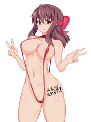 Rule 34 | 1girl, berumina, body writing, breasts, brown eyes, brown hair, cameltoe, covered erect nipples, double v, female focus, girls und panzer, headband, highres, kondou taeko, large breasts, looking at viewer, medium hair, navel, simple background, slingshot swimsuit, solo, standing, swimsuit, v, white background