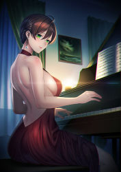 Rule 34 | 1girl, ahoge, backless dress, backless outfit, blurry, blurry background, brown hair, dress, earrings, green eyes, hair between eyes, idolmaster, idolmaster million live!, idolmaster million live! theater days, indoors, instrument, jewelry, looking at viewer, music, piano, playing instrument, playing piano, red dress, sakuramori kaori, sheet music, short hair, sitting, smile, solo, unowen