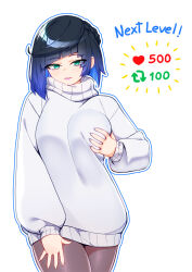 Rule 34 | 1girl, black pantyhose, blue hair, bob cut, commentary, cowboy shot, demonfoo (akumafoo), diagonal bangs, english commentary, genshin impact, grabbing own breast, green eyes, hand on own chest, highres, long sleeves, looking at viewer, meme, pantyhose, parted lips, simple background, smile, solo, sweater, turtleneck, turtleneck sweater, twitter strip game (meme), white background, white sweater, yelan (genshin impact)