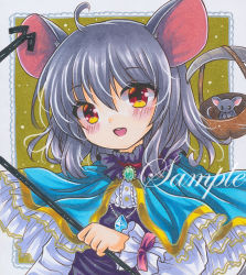 Rule 34 | 1girl, ahoge, animal ears, basket, blue capelet, blush, border, brooch, buttons, capelet, crystal, dot nose, dowsing rod, frilled capelet, frilled shirt collar, frilled sleeves, frills, gold trim, grey hair, hair between eyes, holding, holding with tail, jewelry, long sleeves, looking at viewer, marker (medium), mouse (animal), mouse ears, mouse girl, mouse tail, nazrin, necklace, open mouth, outside border, prehensile tail, red eyes, red ribbon, ribbon, rui (sugar3), sample watermark, shikishi, shirt, smile, solo, tail, touhou, traditional media, upper body, watermark, white border, white shirt, white sleeves, yellow background