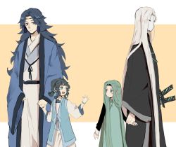 Rule 34 | 1boy, 3girls, aqua hair, black hair, blue hair, blue robe, child, chinese clothes, copyright request, height difference, highres, holding hands, lanxi zhen, laojun (the legend of luoxiaohei), li qingning (the legend of luoxiaohei), liangxiaomu930, long hair, long sleeves, mask, multiple girls, robe, sword, luo xiaohei zhanji, weapon, white hair, wide sleeves