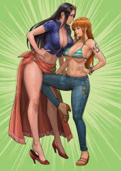 Rule 34 | 2girls, absurdres, arm tattoo, bare shoulders, bikini, bikini top only, black hair, breasts, cirenk, cleavage, closed mouth, commission, cunt punt, denim, dress, eyewear on head, full body, green background, hand on own hip, high heels, highres, jeans, knee up, kneeing, large breasts, legs apart, long hair, looking at another, multiple girls, nami (one piece), navel, nico robin, one piece, open mouth, orange hair, pants, ryona, sarong, short sleeves, simple background, standing, standing on one leg, swimsuit, tattoo, thighs, toes, zipper, zipper pull tab