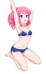 Rule 34 | 1girl, :d, aikatsu! (series), aikatsu stars!, armpits, arms up, bare arms, bare legs, bare shoulders, barefoot, bikini, bikini shorts, blue bikini, blue eyes, blush, breasts, cleavage, drill hair, front-tie bikini top, front-tie top, full body, groin, looking at viewer, midriff, open mouth, pink hair, sakuraba rola, seiza, shorts, simple background, sitting, small breasts, smile, solo, stomach, stretching, swimsuit, white background, yoban