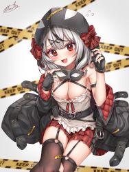 Rule 34 | 1girl, absurdres, ahoge, animal hood, armpits, bare shoulders, belt, belt buckle, black gloves, black hair, black thighhighs, blush, bow, breasts, buckle, camisole, caution tape, cleavage, collar, eye mask, fang, fingerless gloves, garter straps, gloves, hair ornament, highres, hololive, holox, hood, jacket, keep out, large breasts, looking at viewer, mask, miko no kamiko, multicolored hair, off-shoulder jacket, off shoulder, open mouth, orca hood, plaid, plaid bow, plaid skirt, red eyes, sakamata chloe, silver hair, skin fang, skirt, solo, streaked hair, thighhighs, thighs, virtual youtuber, white camisole, x hair ornament