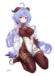 Rule 34 | 1girl, absurdres, ahoge, apt, arm support, bare shoulders, bell, black gloves, blue hair, blush, breasts, brown pantyhose, covered navel, detached sleeves, full body, ganyu (genshin impact), genshin impact, gloves, gold trim, hand on own stomach, high heels, highres, horns, long hair, looking at viewer, medium breasts, neck bell, pantyhose, purple eyes, shiny clothes, shiny legwear, sidelocks, signature, sitting, solo, thighlet, thighs, wariza, white background, white sleeves
