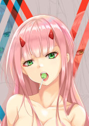 Rule 34 | 10s, 1girl, absurdres, breasts, candy, collarbone, darling in the franxx, eyeshadow, food, green eyes, head tilt, highres, horns, lollipop, long hair, looking at viewer, makeup, medium breasts, open mouth, pink hair, portrait, saliva, solo, tongue, tongue out, upper body, very long hair, yuzuyu (hyui), zero two (darling in the franxx)
