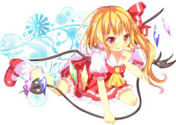 Rule 34 | 1girl, ascot, blonde hair, bow, dress, flandre scarlet, grin, hair bow, heart, highres, laevatein, looking at viewer, mary janes, no headwear, puffy sleeves, red dress, red eyes, red footwear, red skirt, shirt, shoes, short sleeves, side ponytail, skirt, smile, solo, touhou, wings, yuimari