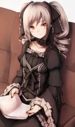 Rule 34 | 10s, 1girl, bad id, bad twitter id, black dress, black ribbon, blush, choker, couch, dress, drill hair, frilled choker, frills, gothic lolita, hair ribbon, highres, holding, holding paper, idolmaster, idolmaster cinderella girls, juliet sleeves, kanzaki ranko, lolita fashion, long sleeves, looking at viewer, paper, puffy sleeves, red eyes, ribbon, silver hair, sitting, smile, snm (sunimi), solo, twin drills, twintails, wide sleeves