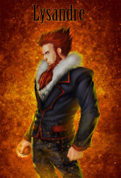Rule 34 | 1boy, bad id, bad pixiv id, baharu, bara, beard, blue eyes, creatures (company), facial hair, fire, game freak, highres, jacket, looking to the side, lysandre (pokemon), male focus, nintendo, pants, poke ball, pokemon, pokemon xy, red background, red hair, serious, solo, spiked hair, text focus