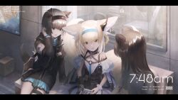Rule 34 | 3girls, 3syo, animal ear fluff, animal ears, arknights, armband, bag, bare shoulders, black collar, black eyes, black gloves, black jacket, blonde hair, blue hairband, blue skirt, brown hair, character request, clothing cutout, collar, commentary request, dress, earpiece, fox ears, fox girl, fox tail, gloves, hairband, highres, indoors, infection monitor (arknights), jacket, kitsune, kyuubi, letterboxed, long hair, long sleeves, material growth, multicolored hair, multiple girls, multiple tails, open mouth, oripathy lesion (arknights), partial commentary, purple dress, rhine lab logo, rhodes island medic (arknights), shirt, short hair, short sleeves, shoulder bag, shoulder cutout, single glove, sitting, skirt, suzuran (arknights), tail, two-tone hair, white armband, white hair, white shirt, wrist cuffs, yellow eyes