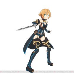 Rule 34 | 10s, 1girl, black shorts, blue eyes, boots, breasts, brown hair, cleavage, fingerless gloves, garter straps, gloves, holding, holding weapon, looking at viewer, medium breasts, philia (sao), short hair, short shorts, shorts, sideboob, simple background, smile, solo, sword art online, sword art online: code register, thigh boots, thighhighs, watermark, weapon, white background