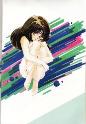 Rule 34 | 1980s (style), 1girl, abstract background, blue eyes, brown hair, cream lemon, highres, hugging own legs, long hair, marker (medium), midair, non-web source, nonomura ami, nude, official art, oldschool, parted lips, retro artstyle, scan, shingyouji tatsuya, solo, traditional media