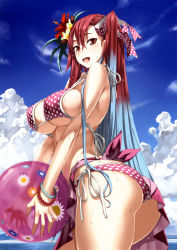 Rule 34 | 00s, 10s, 1girl, :d, absurdres, arched back, ass, ball, bangle, beach, beachball, bikini, blue hair, blush, bracelet, breasts, cloud, day, flower, gradient hair, hair flower, hair ornament, hair ribbon, hibiscus, highres, holding, holding ball, honjou raita, jewelry, large breasts, long hair, looking at viewer, multicolored hair, ocean, official art, open mouth, outdoors, polka dot, polka dot bikini, polka dot swimsuit, red eyes, red hair, ribbon, riela marcellis, scan, senjou no valkyria (series), senjou no valkyria 3, side-tie bikini bottom, side ponytail, skindentation, sky, smile, solo, strap gap, swimsuit, water, wet