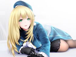 Rule 34 | 10s, 1girl, atago (kancolle), bad id, bad twitter id, beret, black gloves, blonde hair, blush, breasts, frilled sleeves, frills, gloves, green eyes, hat, kantai collection, large breasts, long hair, long sleeves, looking at viewer, midoriiro no shinzou, military, military uniform, open mouth, pantyhose, solo, uniform