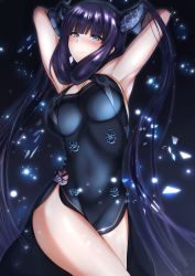 Rule 34 | 1girl, armpits, bare shoulders, black dress, blue eyes, blunt bangs, blush, breasts, china dress, chinese clothes, cleavage, dress, fate/grand order, fate (series), highres, large breasts, long hair, looking at viewer, purple hair, smile, solo, thighs, tiri man, twintails, yang guifei (fate), yang guifei (second ascension) (fate)