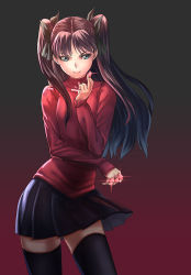 Rule 34 | 1girl, between fingers, black thighhighs, fate/stay night, fate (series), gem, green eyes, hair ribbon, holding, long hair, looking at viewer, ribbon, skirt, smile, solo, tg01, thighhighs, tohsaka rin, twintails, two side up, zettai ryouiki