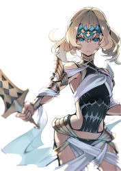 Rule 34 | 1girl, age nasuo, armor, black panties, blonde hair, blue eyes, blue hairband, blurry, blurry foreground, closed mouth, fate/grand order, fate (series), faulds, flat chest, floating hair, frown, hair between eyes, hairband, highres, holding, holding sword, holding weapon, long hair, panties, pollux (fate), simple background, solo, standing, sword, underwear, weapon, white background