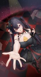 Rule 34 | 1girl, absurdres, ahoge, artist name, asymmetrical sleeves, azur lane, black dress, black footwear, black hair, black pantyhose, breasts, checkered floor, commentary request, crossed bangs, dress, frilled dress, frills, from above, full body, hair between eyes, highres, holding, holding microphone stand, huge ahoge, large breasts, long hair, manjuu (azur lane), microphone stand, mohairu (hhooaann), outstretched arm, pantyhose, red eyes, shoes, short dress, single sleeve, solo, taihou (azur lane), taihou (muse) (azur lane), twintails, uneven sleeves, very long hair