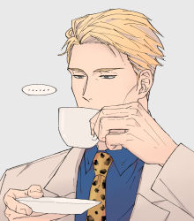 Rule 34 | ..., 1boy, animal print, blonde hair, blue shirt, commentary request, cup, drinking, ega (egavinote), formal, grey eyes, highres, holding, holding cup, holding saucer, jujutsu kaisen, korean commentary, leopard print, long sleeves, male focus, nanami kento, necktie, portrait, saucer, shirt, short hair, solo, speech bubble, suit, teacup, yellow necktie