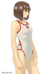 Rule 34 | 10s, 1girl, bad id, bad pixiv id, bare shoulders, brown hair, capriccyo, competition swimsuit, highres, hyuuga (kancolle), kantai collection, one-piece swimsuit, red eyes, short hair, simple background, solo, standing, swimsuit, twitter username, white background