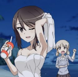Rule 34 | aki (girls und panzer), angry, beach, brown eyes, brown hair, can, commentary, drinking straw, drying, drying hair, girls und panzer, grey hair, key (gaigaigai123), looking at another, looking at viewer, medium hair, mika (girls und panzer), naked towel, one eye closed, open mouth, raised fist, skirt, sweater, towel, twintails