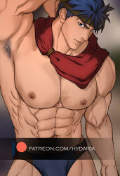Rule 34 | 1boy, abs, alternate pectoral size, armpit hair, armpits, arms behind head, bara, blue male underwear, briefs, brown male underwear, bulge, cowboy shot, fire emblem, fire emblem: path of radiance, headband, hydaria, ike (fire emblem), large pectorals, looking at viewer, male focus, male underwear, multicolored male underwear, muscular, muscular male, navel, nintendo, nipples, paid reward available, pectorals, presenting armpit, short hair, sideburns, solo, stomach, topless male, underwear, veins, veiny arms, watermark