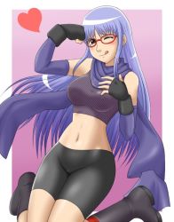 Rule 34 | 1girl, ;p, bike shorts, blush, boots, breasts, brown eyes, female focus, fingerless gloves, fishnets, gintama, glasses, gloves, goriate, gradient background, heart, kneeling, long hair, midriff, navel, one eye closed, purple hair, sarutobi ayame, scarf, shorts, skin tight, solo, spandex, tongue, tongue out, wink
