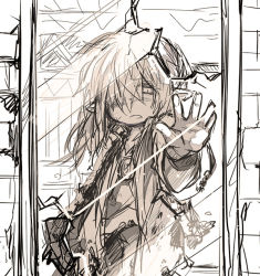 Rule 34 | 00s, 1boy, cloak, final fantasy, final fantasy xi, fujiwara akina, glass, hair over one eye, looking at viewer, male focus, mirror, outstretched arm, pointy ears, reflection, sad, sketch, solo, tarutaru