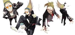 Rule 34 | 1boy, :d, belt, bespectacled, blonde hair, blurry, boku no hero academia, boots, casual, costume, crested hair, depth of field, epaulettes, facial hair, fingerless gloves, glasses, gloves, green eyes, grin, hair up, headphones, highres, holding, holding phone, jacket, long hair, male focus, microphone, multiple views, mustache, on floor, open mouth, pants, phone, present mic, rivets, shoes, unworn shoes, simple background, smile, standing, sunglasses, tabi, text messaging, tinted eyewear, translation request, ura musi, white background