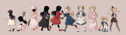 Rule 34 | 2girls, :d, absurdres, age progression, apron, balancing, barefoot, black cloak, black hair, blonde hair, blue bow, blue dress, blue eyes, blue footwear, blunt bangs, bow, briefcase, brown footwear, brown headwear, brown shorts, capelet, child, chuchi, cloak, closed mouth, convenient leg, crying, depressed, doll, double bun, dress, emilico (shadows house), excited, face-to-face, facing another, facing away, facing viewer, flower, frilled capelet, frilled dress, frilled sleeves, frills, full body, gloves, grey background, grey footwear, hair bow, hair bun, hair flower, hair ornament, hand on own chest, happy, hat, unworn hat, unworn headwear, highres, holding, holding briefcase, holding clothes, holding doll, holding hands, holding hat, hood, hood down, hooded cloak, jacket, juliet sleeves, kate (shadows house), knees up, lace, lace-trimmed apron, lace gloves, lace pantyhose, lace trim, legs apart, living doll uniform, long sleeves, looking ahead, looking at viewer, mary janes, mini hat, mini top hat, mob cap, multiple girls, multiple views, neck ruff, no shoes, open mouth, outstretched arms, pink capelet, pink dress, pink footwear, pink headwear, pocket, profile, puffy sleeves, red dress, red footwear, red jacket, sad, shadow (shadows house), shadows house, shoes, short sleeves, shorts, sidelocks, sideways glance, simple background, sitting, smile, socks, soot, spoilers, spread arms, standing, stirrup legwear, striped, suspender shorts, suspenders, toeless legwear, top hat, two side up, vertical stripes, vest, walking, white apron, white dress, white footwear, white socks