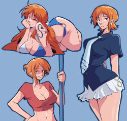 Rule 34 | 1girl, absurdres, alternate costume, angry, arms behind back, bikini, blue background, blue shirt, breasts, dentedhood, hand on own hip, highres, holding, holding staff, looking at viewer, nami (one piece), one piece, orange eyes, orange hair, red shirt, shirt, shoulder tattoo, skirt, smile, staff, swimsuit, tattoo