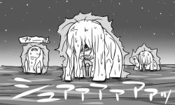 Rule 34 | 10s, 3girls, abyssal ship, comic, greyscale, kantai collection, long hair, monochrome, multiple girls, ocean, open mouth, partially submerged, shaded face, tonda, translation request