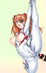 Rule 34 | 1boy, 1girl, absurdres, ass, bar censor, blue eyes, blush, bodysuit, breastless clothes, breasts, breasts out, brown hair, cameltoe, censored, cleft of venus, clothed female nude male, covered navel, curvy, erection, evangelion: 3.0+1.0 thrice upon a time, eyepatch, flexible, gloves, gradient background, hair between eyes, hair ornament, headpiece, heart, hetero, highres, hiyohiyo, huge ass, imminent penetration, interface headset, large breasts, leg lift, leg up, legs apart, long hair, looking at viewer, moaning, motion lines, neon genesis evangelion, nipples, nude, open mouth, penis, plugsuit, puffy nipples, rebuild of evangelion, shiny clothes, shiny skin, skin tight, solo, souryuu asuka langley, split, standing, standing on one leg, standing split, sweat, sweatdrop, testicles, trembling, tsundere, two side up, very long hair, wide hips