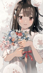 Rule 34 | 1girl, blush, bouquet, brown hair, collared dress, dress, flower, hands up, highres, holding, holding bouquet, looking at viewer, medium hair, open mouth, original, pink eyes, pink flower, red ribbon, ribbon, short sleeves, smile, solo, tadano natsu, teeth, upper teeth only, white dress