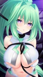 Rule 34 | 1girl, between breasts, blush, breasts, cleavage, gloves, grabbing, grabbing own breast, green hair, green heart (neptunia), highres, irori (irorixc), large breasts, long hair, looking at viewer, midriff, navel, neptune (series), ponytail, power symbol, power symbol-shaped pupils, purple eyes, restrained, sexually suggestive, solo, symbol-shaped pupils, underboob, very long hair, white gloves