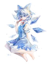 Rule 34 | 1girl, 80isiiii, absurdres, barefoot, blue bow, blue dress, blue eyes, blue hair, bow, cirno, closed mouth, collared shirt, detached wings, dress, fairy, food, full body, hair between eyes, hair bow, highres, holding, holding food, ice, ice wings, looking at viewer, pinafore dress, popsicle, puffy short sleeves, puffy sleeves, shirt, short hair, short sleeves, simple background, sleeveless, sleeveless dress, smile, solo, touhou, white background, white shirt, wings