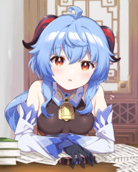Rule 34 | 1girl, :o, ahoge, bare shoulders, bell, blue hair, blush, book, breasts, cowbell, detached sleeves, ganyu (genshin impact), genshin impact, highres, horns, long sleeves, looking at viewer, mitsuki meia, open mouth, paper, small breasts, solo, sweatdrop, table, upper body
