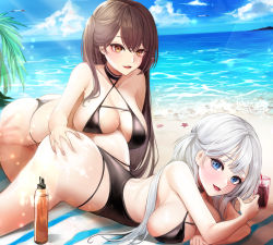 Rule 34 | 2girls, absurdres, ass, azur lane, beach, bikini, bird, black bikini, black one-piece swimsuit, blue eyes, blunt bangs, breast press, breasts, breasts on top another&#039;s ass, brown hair, cleavage, criss-cross halter, cup, hair between eyes, halterneck, hand on another&#039;s ass, highres, large breasts, lillly, long hair, looking at viewer, lying, multiple girls, ocean, on stomach, one-piece swimsuit, one side up, palm tree, parted lips, race queen, sand, seagull, shoukaku (azur lane), shoukaku (sororal wings) (azur lane), sideboob, silver hair, sky, smile, swimsuit, tanning oil, thighs, thong bikini, tree, yellow eyes, yuri, zuikaku (azur lane), zuikaku (the wind&#039;s true name) (azur lane)