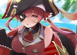 Rule 34 | 1girl, ascot, black hat, blue sky, breasts, cleavage, cloud, day, eyepatch, goten (510gensoku), hair ribbon, hat, highres, hololive, houshou marine, large breasts, long hair, looking at viewer, ocean, open mouth, outdoors, pirate hat, red ascot, red eyes, red hair, red ribbon, red skirt, ribbon, see-through, see-through cleavage, skirt, sky, solo, teeth, twintails, upper teeth only, virtual youtuber