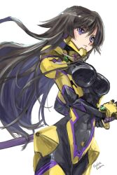 Rule 34 | 1girl, black bodysuit, bodysuit, breasts, brown hair, floating hair, fortified suit, from side, highres, holding, holding sword, holding weapon, impossible bodysuit, impossible clothes, jun (rellik &amp; redrum), large breasts, medium breasts, muv-luv, muv-luv alternative, muv-luv total eclipse, purple eyes, sheath, solo, standing, sword, takamura yui, weapon
